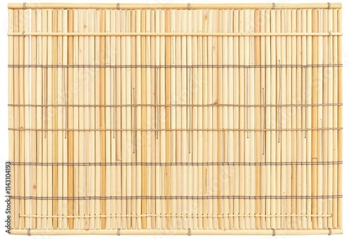 Natural bamboo sushi rolling mat with regular pattern of vertical sticks. Traditional Japanese food preparation mat. Natural material for culinary use. Kitchen tool for food presentation. Isolated on