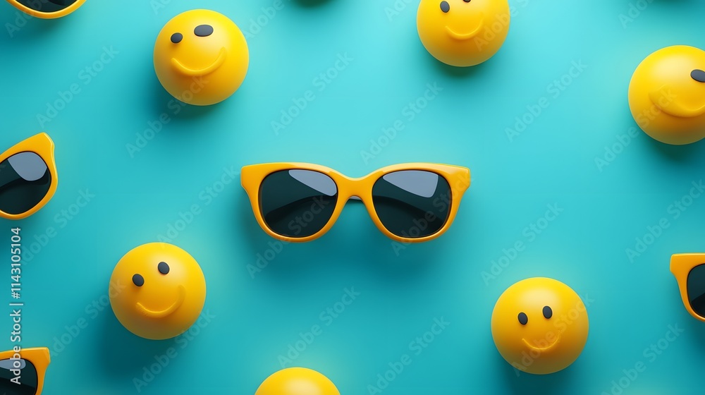Fototapeta premium Sunglasses emojis floating on a bright cyan background radiating cool vibes.