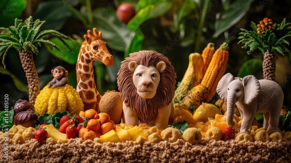 Fototapeta premium Safari animal figurines arranged on a tropical fruit cake.