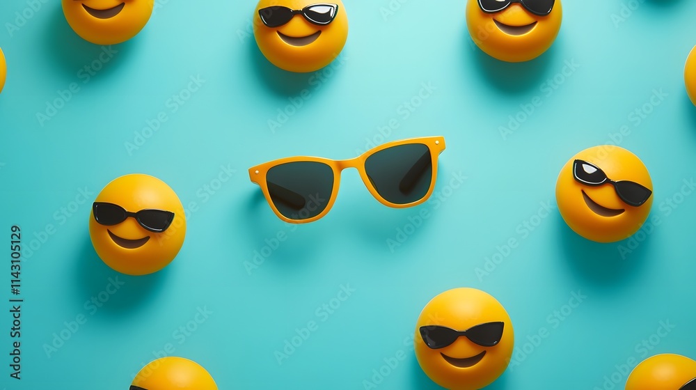 Obraz premium Sunglasses emojis floating on a bright cyan background radiating cool vibes.