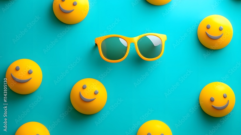 Obraz premium Sunglasses emojis floating on a bright cyan background radiating cool vibes.