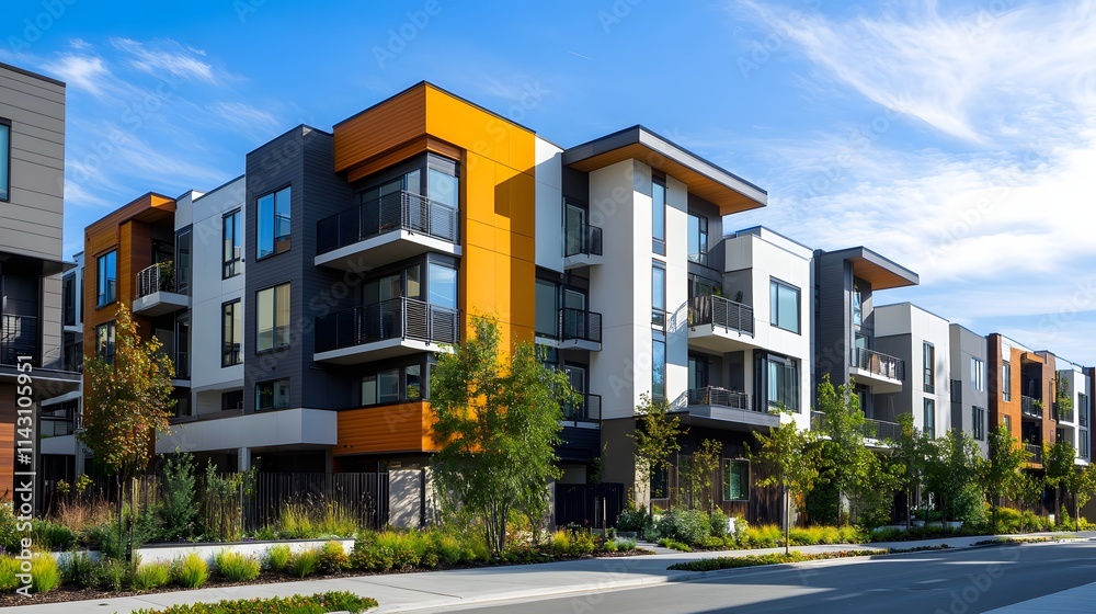 A block of modern apartments with bold geometric patterns in vibrant colors. A block of modern apartments with bold geometric patterns in vibrant colors.