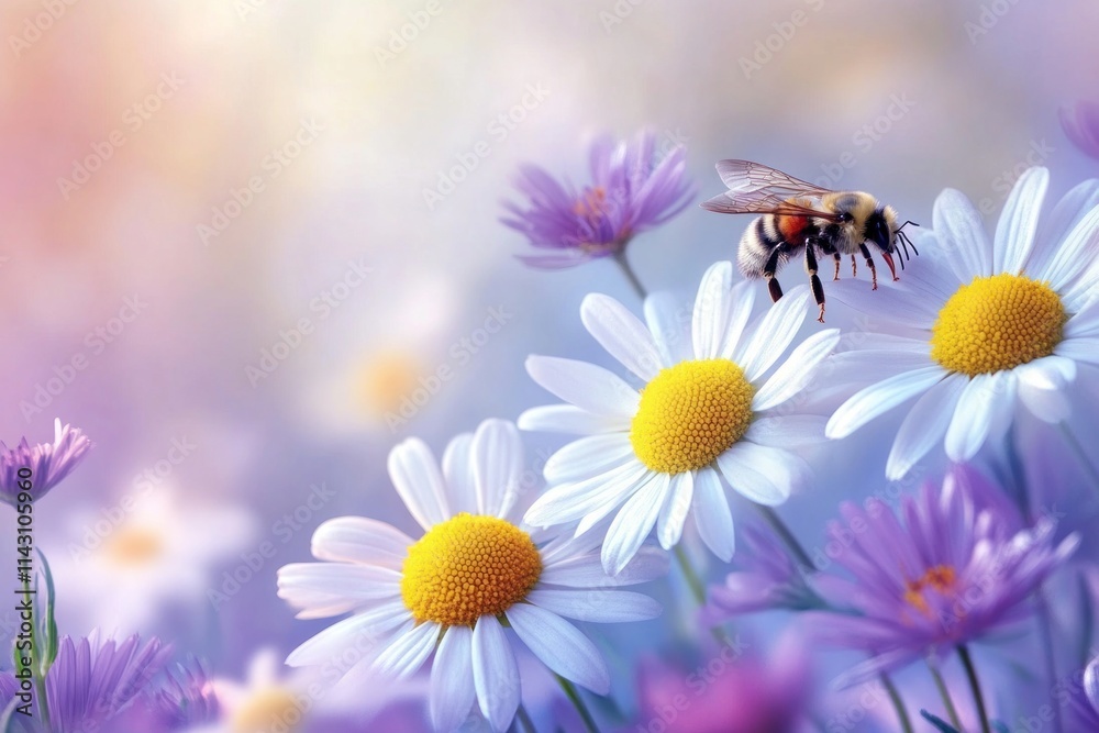 Bee pollinating daisies in a field of wildflowers. Bee pollinating daisies in a field of wildflowers.
