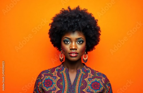 Black woman with afro hair wears colorful patterned blouse against vibrant orange background. Woman looks confident, stylish. Fashionable portrait of powerful woman. Modern beauty. African style. photo