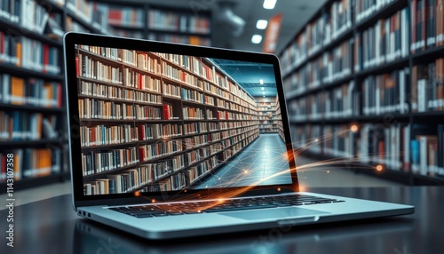 Laptop screen displays digital library with shelves full of books. E-learning concept. Online library access. Digital books accessible on computer. Education resources available online. Online