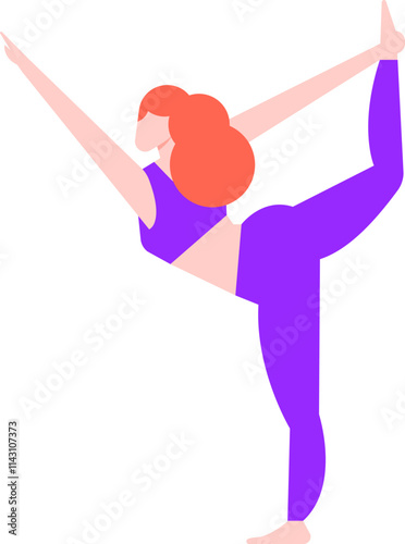 Minimalist flat design illustration of a young woman with red hair practicing yoga, performing the Natarajasana, also known as Lord of the Dance Pose