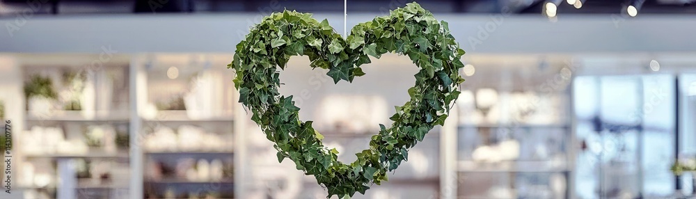 Fototapeta premium Heart-Shaped Green Ivy Wreath Hanging in Bright Indoor Space with Soft Lighting and Blurred Background