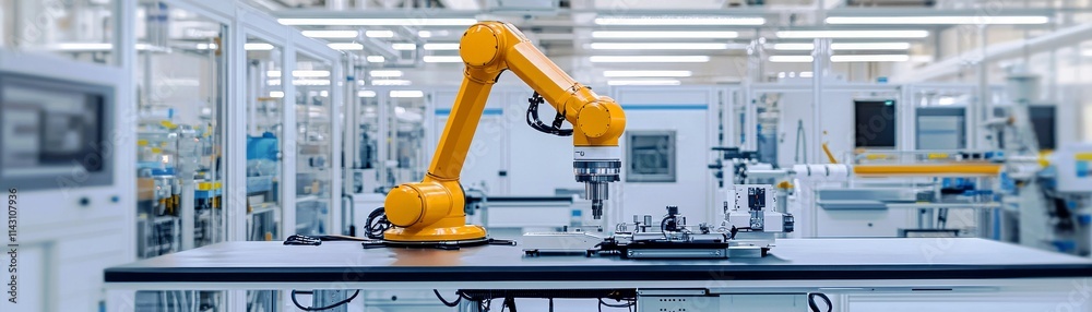 Industrial robotic arm working in modern smart factory interior showcasing advanced technology and automation with a clean workspace environment Industrial robotic arm working in modern smart factory interior showcasing advanced technology and automation with a clean workspace environment