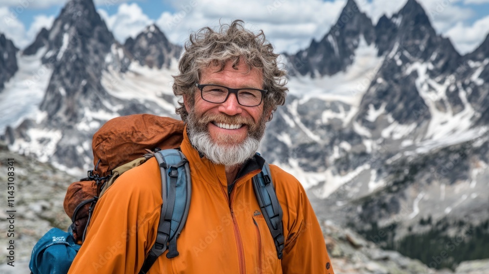 Happy hiker with backpack smiling in mountains. Happy hiker with backpack smiling in mountains.