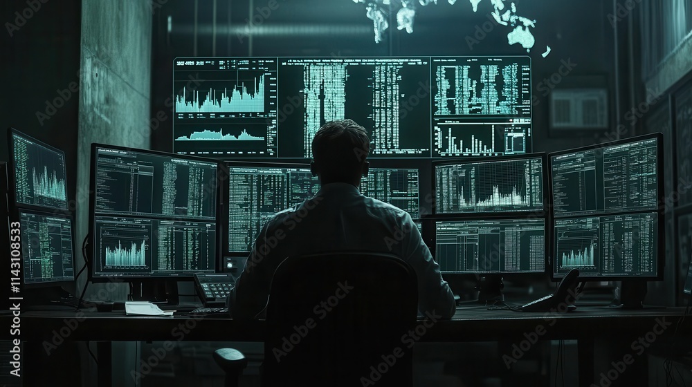 Forex trading screens lit up in dark room with intense focus Forex trading screens lit up in dark room with intense focus