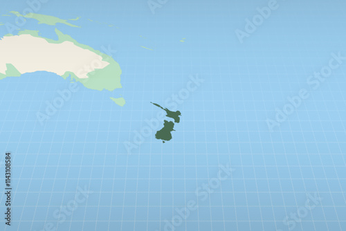 New Zealand highlighted on a detailed map, geographic location of New Zealand.