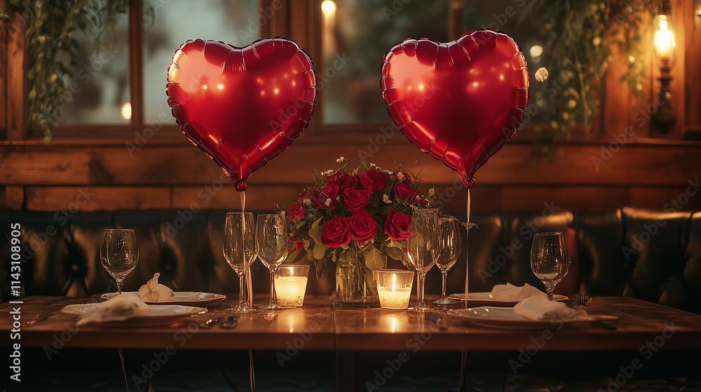 Romantic dining setup with red heart balloons and fresh roses for a special evening Romantic dining setup with red heart balloons and fresh roses for a special evening
