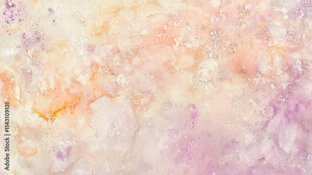 Fototapeta premium A soft pastel watercolor texture blending pink, peach, and lavender tones, with light splatter effects, creating a dreamy and artistic background. 