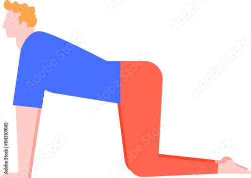 Young man practicing yoga, performing the cat pose stretching exercise, improving flexibility and balance, promoting physical and mental well being through mindful movement