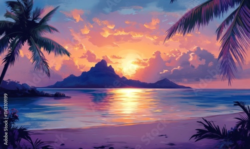 Paradise get-away Environment in Bora Bora. Tourism wallpaper with Majestic Sunrise Beach.