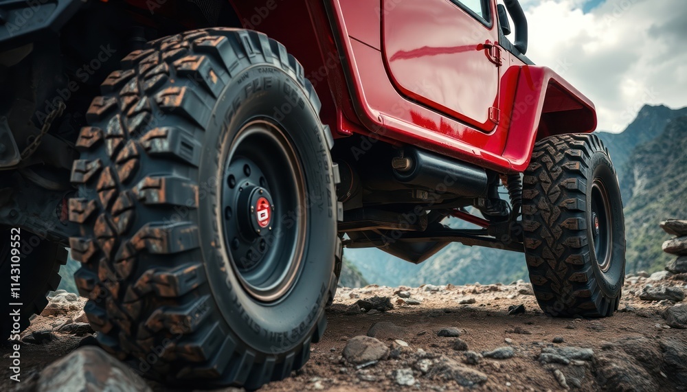 Close-up of red off-road vehicle large rugged tires, undercarriage. Vehicle on rocky terrain. Tires heavily textured, show signs of use. Metal rims black. Image details of vehicle wheels, suspension. Close-up of red off-road vehicle large rugged tires, undercarriage. Vehicle on rocky terrain. Tires heavily textured, show signs of use. Metal rims black. Image details of vehicle wheels, suspension.