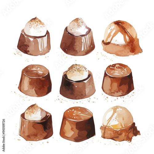 watercolor Christmas chocolate mousse cups set collection isolated on a white background, vector flat watercolor design painting, Christmas set decor