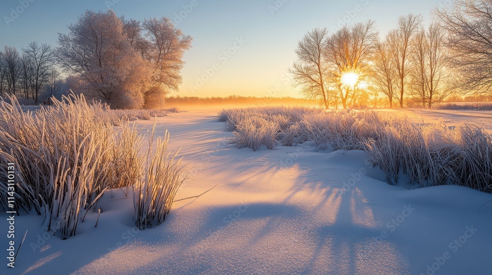 Frosty landscape at dawn, with shimmering grass and trees glistening in the sunlight Frosty landscape at dawn, with shimmering grass and trees glistening in the sunlight