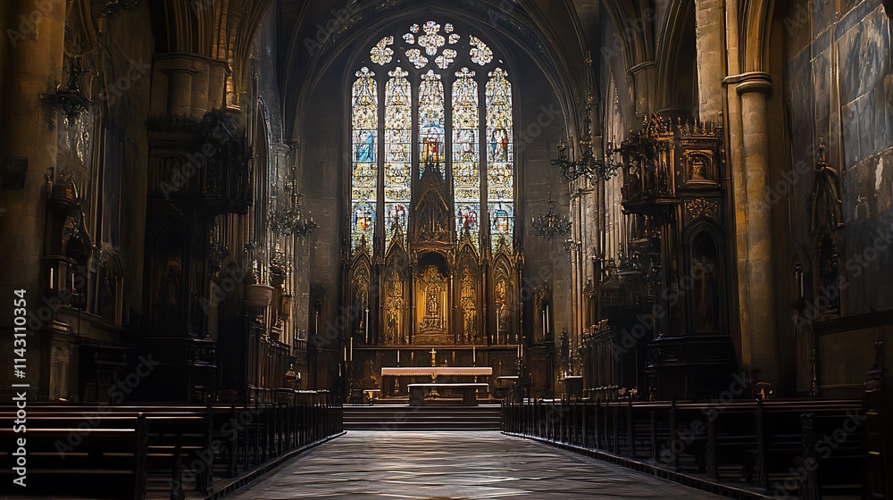 Sunlit church interior with stained glass window, altar, and pews. Sunlit church interior with stained glass window, altar, and pews.