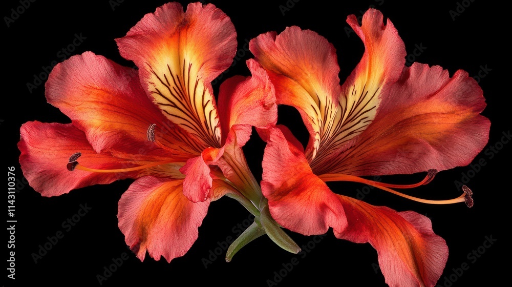 Two vibrant orange flowers with dark veins against a black background. Two vibrant orange flowers with dark veins against a black background.