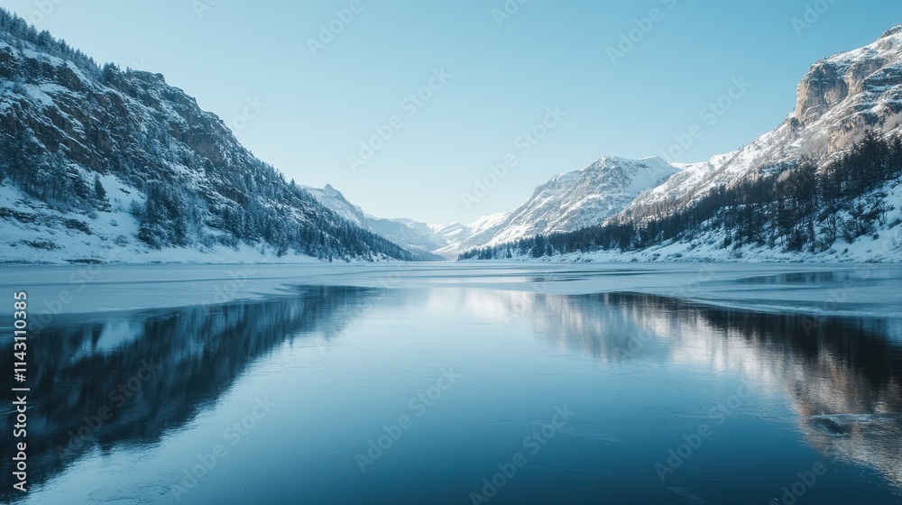 Frozen lake surrounded by snow-covered mountains, reflecting a clear blue sky