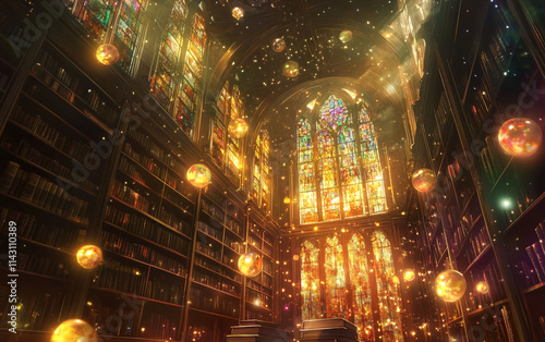 Magical library with glowing orbs and stained glass windows illuminated by sunlight during the afternoon