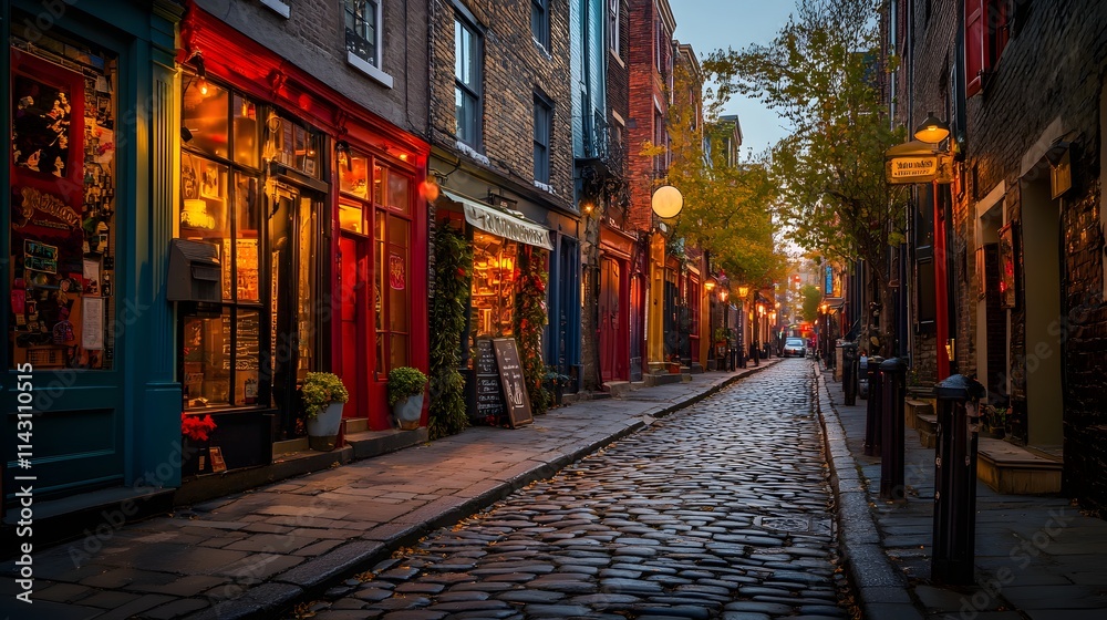 Fototapeta premium A cobblestone street lined with brightly painted storefronts in warm tones.