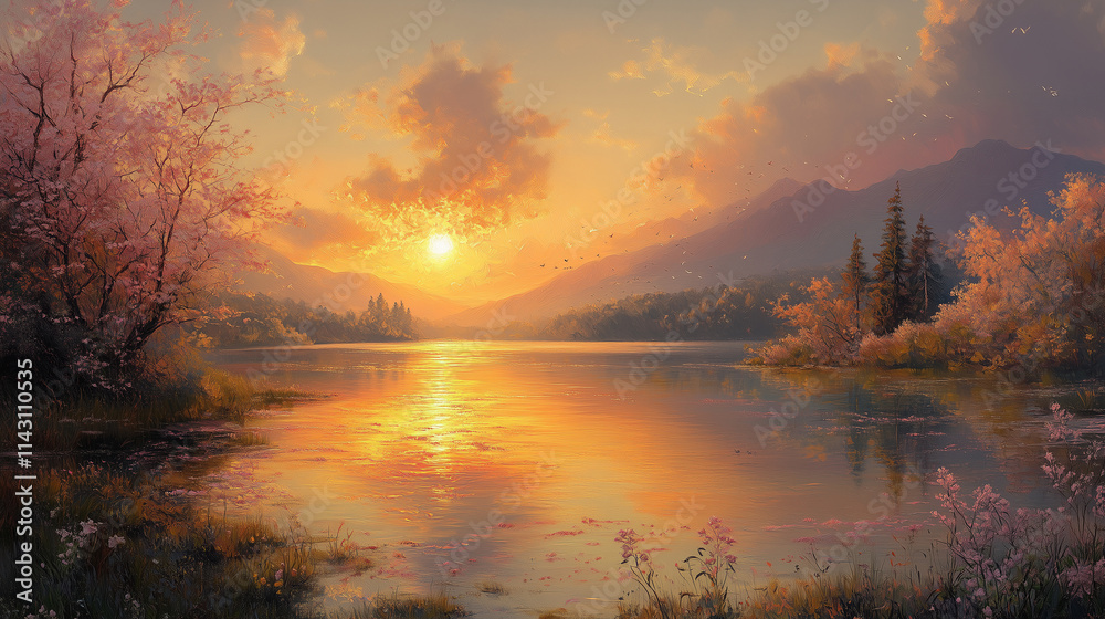 Golden hues of the setting sun shine over a tranquil lake surrounded by mountains and trees Golden hues of the setting sun shine over a tranquil lake surrounded by mountains and trees