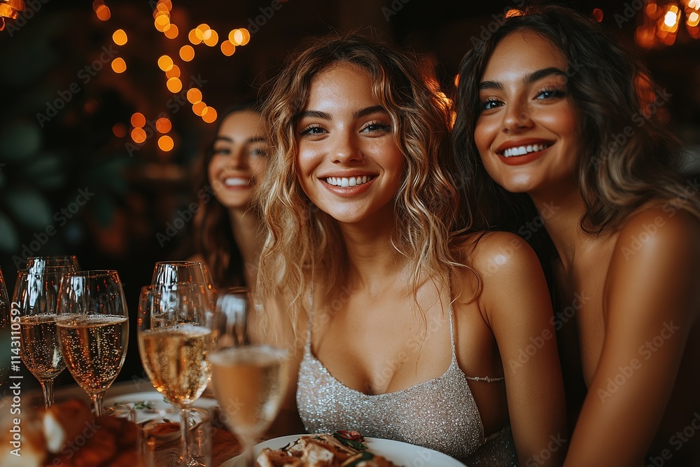 Success, people and dinner with toast, champagne and elegant team, party and celebration together. Friends, closeup and cheers for achievement, wine glasses and fine dining at gala event and luxury