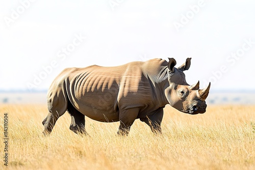 Majestic rhino standing in vast golden savanna photo