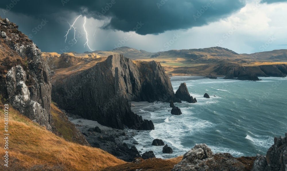 A landscape view of a craggy and rocky landscape containing hills, rocky cliffs and sea with a storm and lightning in the distance, rocks and grey brown barren grass, river going out to sea in cliffs A landscape view of a craggy and rocky landscape containing hills, rocky cliffs and sea with a storm and lightning in the distance, rocks and grey brown barren grass, river going out to sea in cliffs