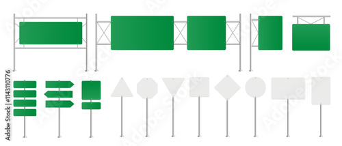 Road signs collection and caution board collection. Highway information boards. Vector illustration