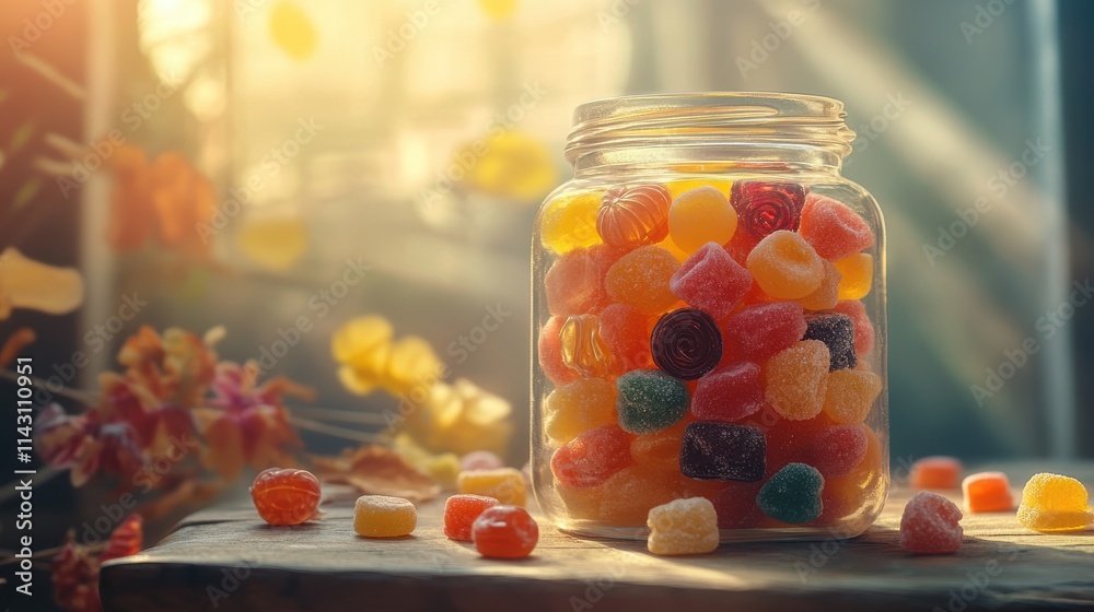 Glass jar filled with assorted candies, with sunlight illuminating its contents. Glass jar filled with assorted candies, with sunlight illuminating its contents.
