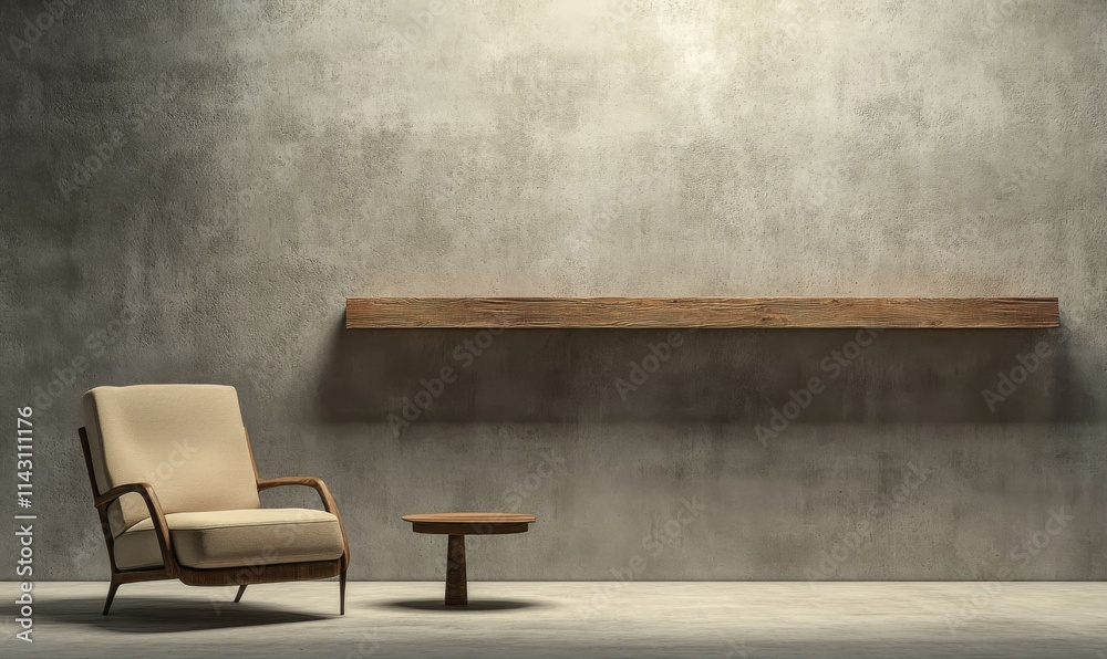A minimalist interior design with a grey concrete wall, a wooden shelf, and a beige armchair with a coffee table, providing an empty space for a product display