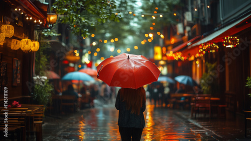 Wallpaper Mural People wander through a cozy alley illuminated by lights during gentle rain showers Torontodigital.ca