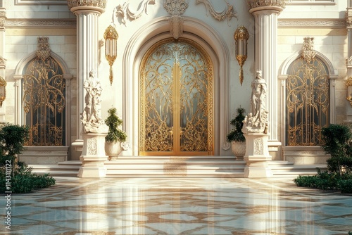 Ornate gold door  grand entrance  classical statues  manicured shrubs.