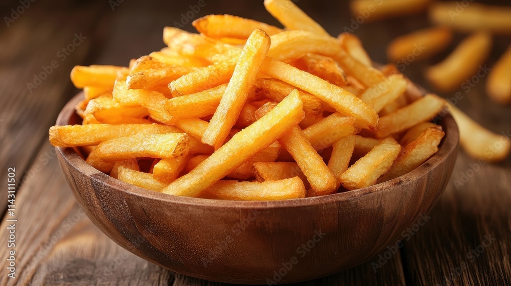 Golden, crispy fries stacked in rustic wooden bowl