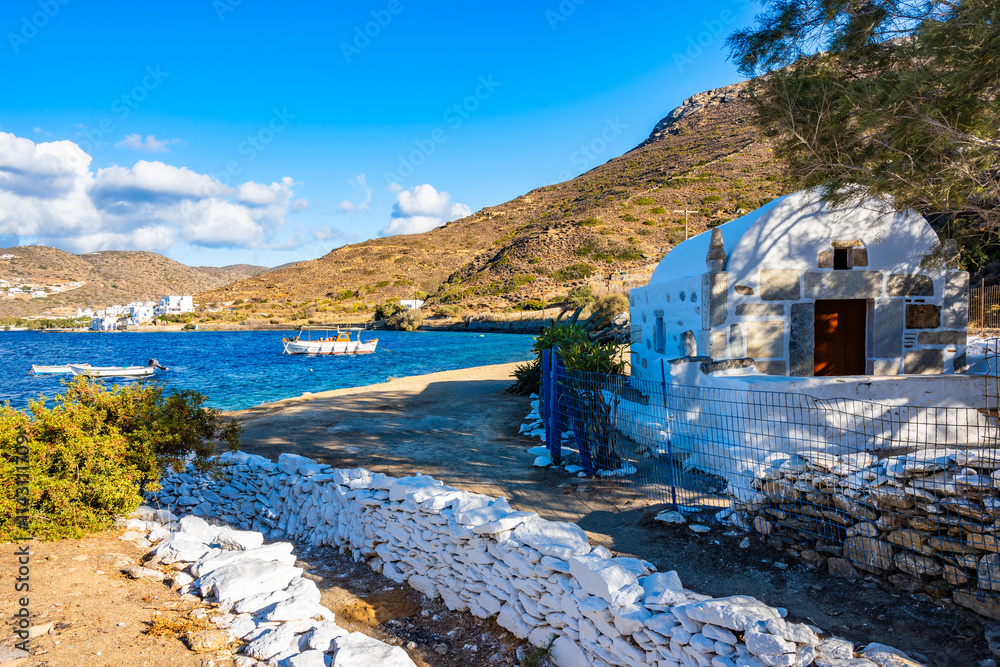 Small church on sea coast in Katapola bay, Amorgos island, Cyclades, Greece