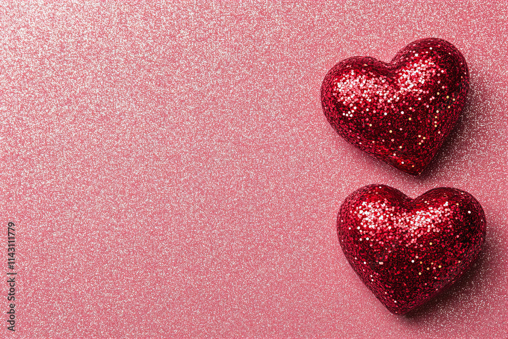 Obraz premium Valentine's Day background with red glitter hearts, soft pink bokeh lights, and romantic sparkles perfect for Valentine's Day cards, love-themed designs, wedding invitations, and holiday decorations