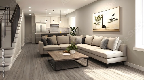  Modern living room with sectional sofa and gray wood-look floor, renovated basement view