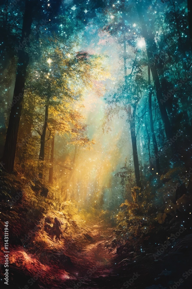 Magical forest path, glowing, starry night. Magical forest path, glowing, starry night.