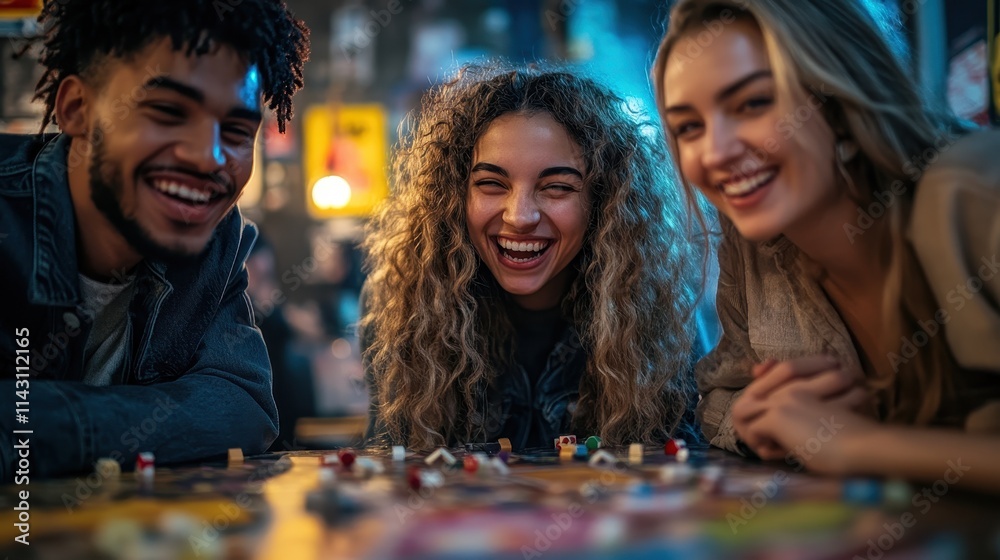 Fototapeta premium Group of friends laughing and enjoying a board game night, surrounded by snacks and drinks.