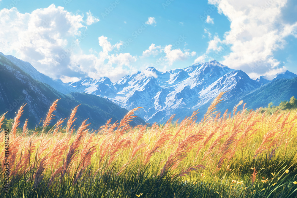 Fototapeta premium Majestic mountains rise above golden grasslands under a vibrant sky filled with clouds