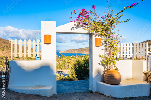 Obraz na płótnie Decorated with flowers entrance gate to typical Greek style holiday apartments in Katapola village, Amorgos island, Cyclades, Greece w salonie