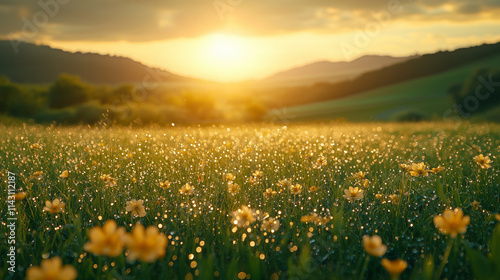 Morning dew glistens on flowers in a sunlit meadow surrounded by mountains