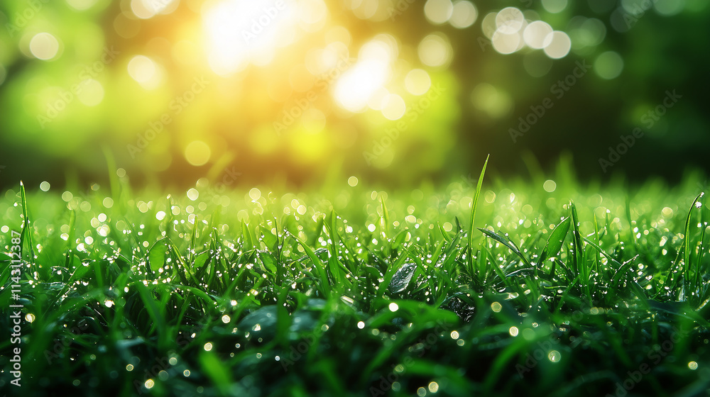 Obraz premium Close-up of morning dew glistening on grass during sunrise in a serene garden