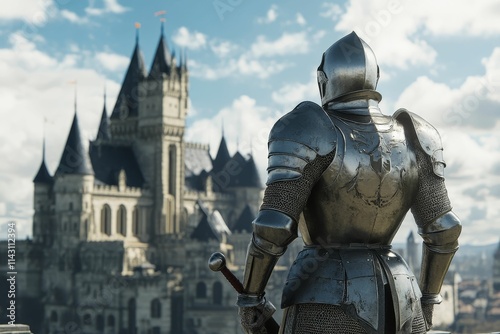 Medieval knight, castle backdrop, sword, daytime scene.