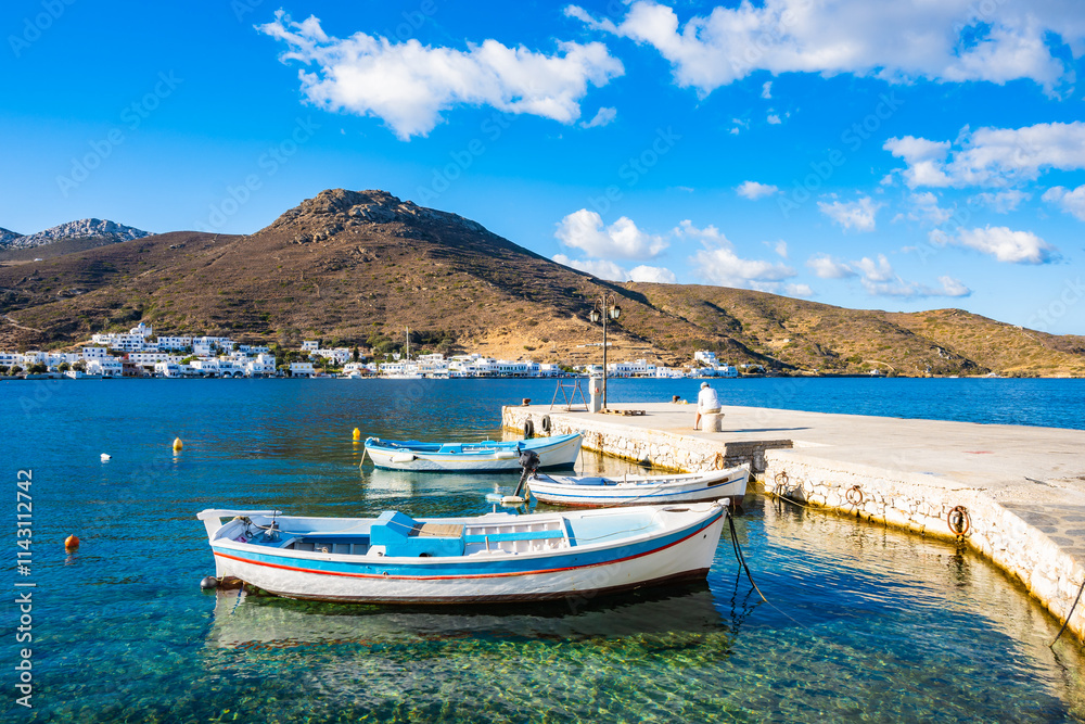 Fishing boats anchoring in Katapola port, Amorgos island, Cyclades, Greece