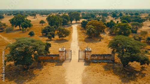 Aerial view of open gates on a dirt road through a savanna landscape. photo