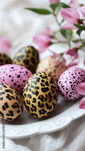 Photo of festive colorful Easter eggs painted in leopard and zebra print, lying on a white plate